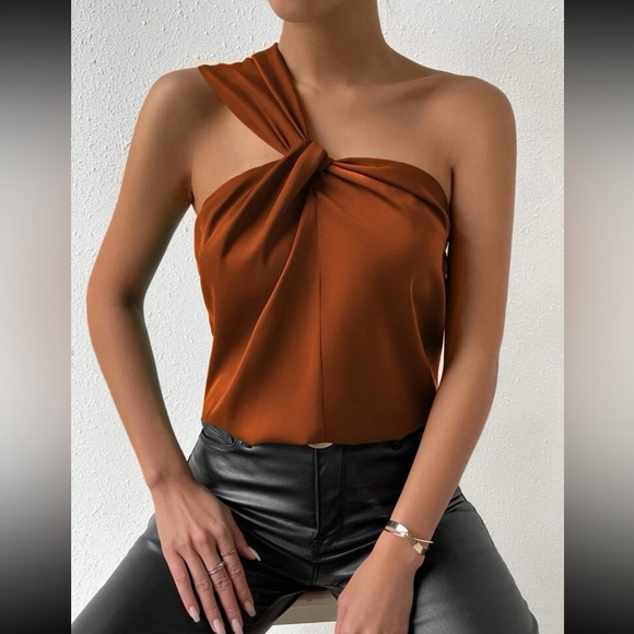 Luxe one shoulder twist front satin blouse - Picture 6 of 15